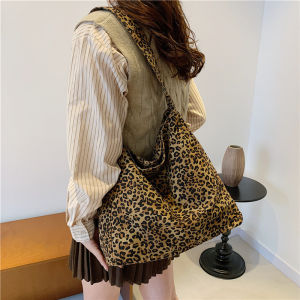 Korean Style Large Capacity Leopard Print Tote Bag Womens Canvas Shoulder Bag Commuter Student Trendy Bag Soft Handle