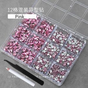 12Grids 3D Champagne Gold Nail Art Rhinestones Multi-Shapes Flatback Crystal Diamond Nail Charms with 1Pen&Tweezers Nails Jewels