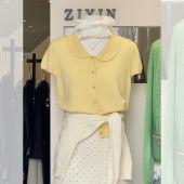 Anti-Aging Doll Collar Short Sleeve Knitted Top Womens Fashion Shoulder-Length Summer T-Shirt Casual Loose Fit Solid Color