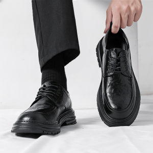 Leather Shoes Mens Formal Casual Wedding Groom Shoes Thick Bottom Heightening Genuine Leather Autumn Winter Business Style Derby Shoes