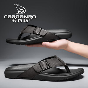 Cardanro Genuine Leather Mens Sandals Summer Outdoor Wear Anti-Slip Odor-Resistant Toe-Post Slippers Casual Flat Heel Rubber