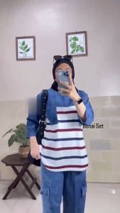 SETELAN WANITA KEKINIAN SALUR DAN SABLON MIX JEANS MODEL CARGO KEKINIAN SETELAN PREMIUM