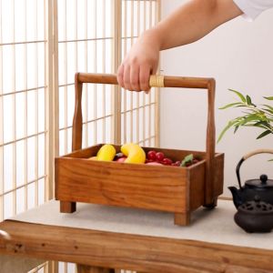 ตะกร้าไม้สักมีหูหิ้ว ใส่ผลไม้ กระเช้าไม้ใส่เครื่องปรุง ถาดไม้ใส่ของ ตะกร้า ขนมปัง วินเทจ