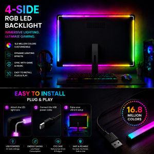 WACUAAO 360° 4-Side PC Monitor Backlight - RGBIC Screen Mirror Sync & Music Rhythm LED Strip - Zero Lag Reactive Gaming Lights