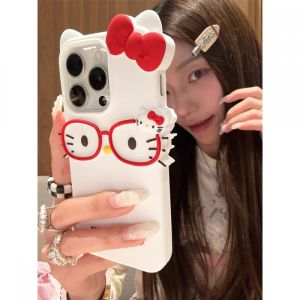 Cute Cartoon 3D Eyeglasses KT Cat Design Silicone Phone Case Full Cover Anti-Fall  17 pro Max Compatible Soft Shell Protection