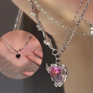 Y2K Purple Crystal Heart Pendant Necklace Women Light Luxury Punk Grunge Clavicle Chain Fashion Gifts