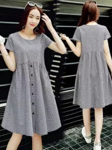 Korean Style Linen Dress for Women Casual Loose Black and White Check Short Sleeve Round Neck Large Size Midi Dress