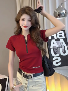 European Goods Fashion Half Zipper Letter Short Sleeve T-Shirt Womens Summer Fancy Western Style All-Matching Slimming Short Top Fashion