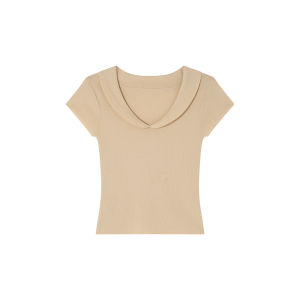 XXNING | French Minimalist Unique Texture Polo Neck Knit Short Sleeve T-Shirt Womens