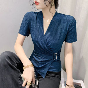 YIMEI Womens Flash Top 2023 New Summer Short Sleeve V-Neck Irregular T-shirt Slim Fit and Beautiful Black Womens T-shirt