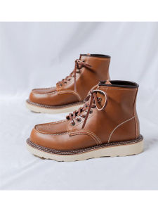 HuiZhou Mens Martin Boots Genuine Leather Brown Versatile Autumn Winter New Style Retro Work Boots Fashionable Dad Shoes