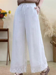 กางเกงขายาวทรงตรงผ้าลินินปักลายสำหรับผู้หญิง กางเกงขายาวผ้าฝ้ายลินินสีพื้น กางเกงขายาวทรงหลวมสำหรับฤดูร้อน สไตล์ย้อนยุคญี่ปุ่น