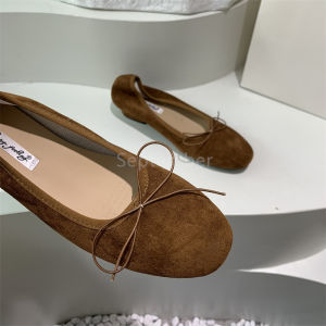 Ballet Style Butterfly Knot Light Red Mouth Single Shoes Womens New Retro Bean Bean Shoes Velvet Heel 3cm Grandma Shoes