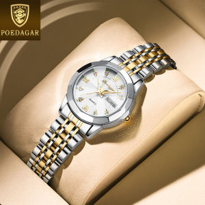นาฬิกาดั้งเดิม POEDAGAR ที่ผ่านการรับรองจากสวิสสำหรับกันน้ำสำหรับผู้หญิงหรูหราสเตนเลสสตีลเพชรนาฬิกาลำลองโรมันกระจกประดับพลอยไพลินปฏิทิน