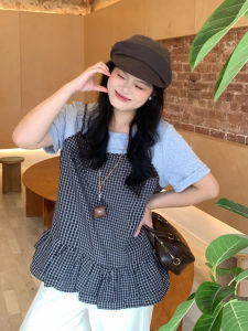 เสื้อยืดแขนสั้นลายสก็อตสไตล์เกาหลีสำหรับผู้หญิงไซส์ใหญ่ ทรงหลวม ปกปิดหน้าท้อง ดีไซน์ขอบลูกไม้ ทรงเข้ารูป เสื้อผ้าทำงาน