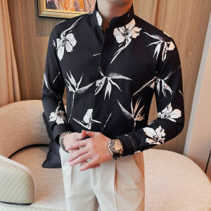 New Chinese Style Mens Long Sleeve Printed Shirt Casual Business Slim Fit Stand Collar Dark Button Fashionable Spring Autumn
