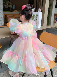 Girls Summer Princess Dress Puffy Sleeve Gradient Color Rainbow Butterfly Knot Long Skirt Childrens Performance Clothes Cotton Liner