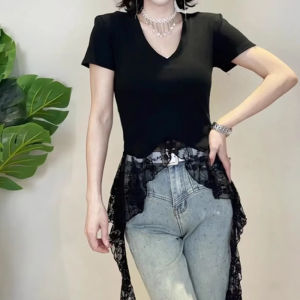 BINKAFENNY | Summer Slim Fit Short Sleeve T-Shirt Womens V-neck Lace Patchwork Casual Korean Style Regular Shoulder Pure Color Top