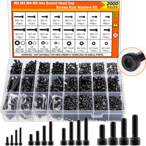 2000Pcs Metric Screw Nut Bolt Washer Set M2 M3 M4 M5 12.9 Alloy Steel Black Hex Socket Head Machine Screw Assortment