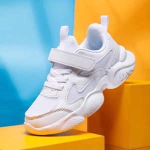 White Leather Sports Shoes for Children with Rotating Buckle Running Shoes Waterproof Travel Shoes Low Cut Synthetic Leather