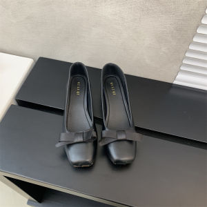 Elegant Commuter Womens Shoes French Mid Heel Square Toe Bow