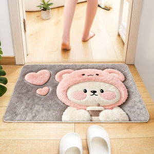 VIKAMA Cute Cat Peeking Fish Green Cartoon Pet Kawaii Art Flannel Door Mat Non Slip Entryway Bedroom Living Room Home Decor Soft