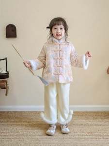 Girls New Year Traditional Chinese Costume Fleece Lined Cotton Padded Hanfu Set Vintage Style Childrens Clothing Winter Outfit