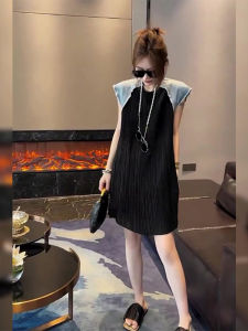 Summer New Design Splice Sleeveless Denim Pleated Dress Short Loose Personality Korean Style Commute Other Material Long Skirt