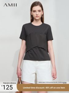 Amii Summer New Casual round Neck Deconstructed Color Block Short Sleeve T-Shirt Women Modal Cotton Elastic Top