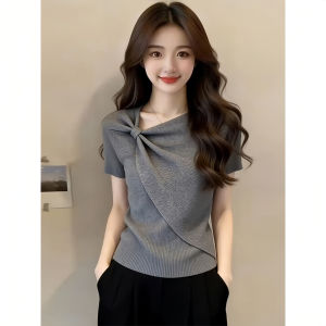 Shalldoer | Elegant Beauty Atmosphere Bow Short Sleeve Knitted Blouse