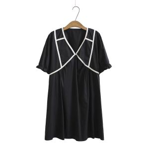 Slimming High Waist Pleated Short Sleeve Dress for plus Size Women Fashionable Korean Style A-Line Skirt V-Neck Midi Dress