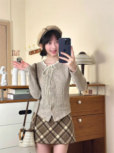 Elegant Unique Lace Trim Long Sleeve T-Shirt Womens French Style Butterfly Knot Belted Open Cardigan Button Knitted Jacket