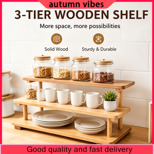 3-tier wooden shelf solid wood sturdy durable for kitchen storage with jars mugs plates and plant