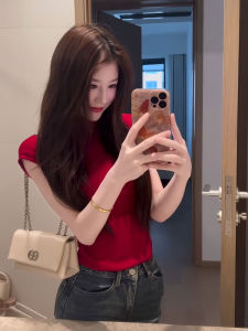 Red Halter Neck Short Sleeve T-Shirt Women Summer 2025 New Style Slim Fit Flying Sleeve Half High Collar Short Length Top