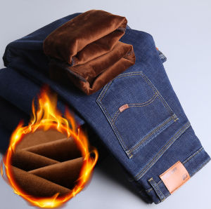 Men Fleece Padded Pants Denim Winter Thicken Thermal plus Size Overweight Man New Arrival Long Pants Fashion