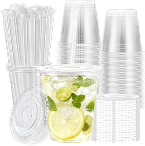 12oz Clear Plastic Cups with Lids and Straws PET Clear Cup for Cocktail Ice Coffee and Cold Beverage Smoothie and Party Cups