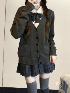 Korean College Style Knitted Sweater Set Womens Spring JK Uniform Open Cardigan Deep Grey Japanese Style Spring Outfit Whole Set