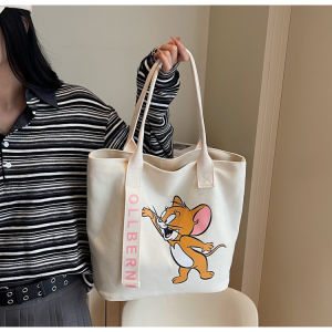 Trendy Large Capacity Canvas Tote Bag Single Shoulder Shopping Bag for Students Going to Class And Commuting Cartoon Print Handbag