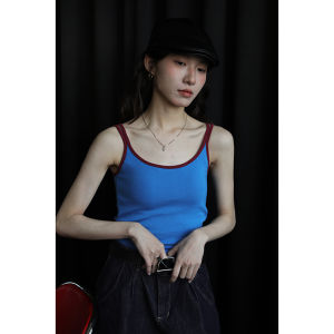 Blue Contrast Color U-Neck Womens Tank Top with Chest Pad Summer Design Outerwear Base Layer Cotton Blend Comfortable Vest