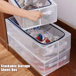 Large Stackable Storage Shoes Box / Zipper Flip-open Closet Shoes Case with Metal Frame / Bed Bottom Storage Shoe Organizer for Shoe Boot Sneaker