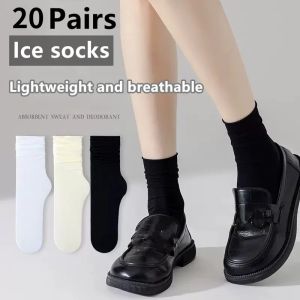 20 Pairs Thin Ice Silk Womens Long Tube Socks Summer Cool Mid Calf Socks Black and White Ice Ice Socks Pile Pile Ladies Socks