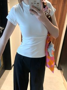 Áo Thun Tay Ngắn Ôm Vừa Vặn Phong Cách Mỹ Dành Cho Nữ Mùa Xuân Hè 2024 Áo Thun Cotton Thường Ngày Cổ Tròn Màu Trơn