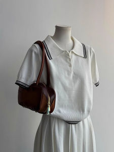 Ice Silk Knitted Short Sleeve Polo T-Shirt Womens Summer College Style Turn-down Collar Flat Belly Effect Korean Version Straight Cut