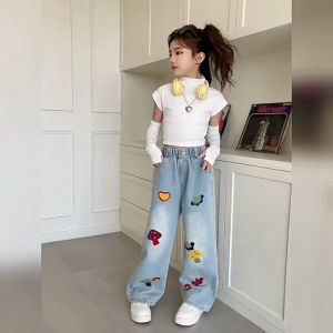 2025 Jeans For Kids Girl 5-16yrs Baggy Maong Pants Girls Denim Wide Leg Trousers Fashion Mushroom Pattern Cute Print Embroidery Design