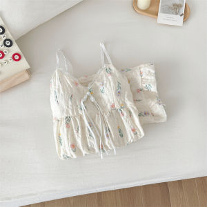 Pure Cotton Sleepwear Set with Chest Pad Womens Summer Home Clothes Short Pants V-neck Print Casual Style Two-piece Set