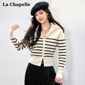 La Chapelle Fashionable Striped Collared Knitwear Womens Casual Simple Top Trendy Spring Autumn New Style Long Sleeve Zipper