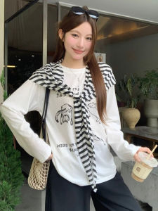 Áo Thun Nữ Tay Dài Dáng Rộng Phong Cách Hàn Quốc Mùa Thu Mới Ngọt Ngào Có Thắt Lưng Áo Sơ Mi Nhỏ in Họa Tiết Sọc