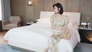 ZYHT eravogue đầm dài váy sa tanh cổ vuông Đầm lệch vai Váy hoa ngắn tay váy dự tiệc 3816