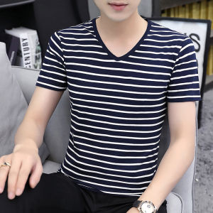 Áo Thun Nam Tay Ngắn Cổ Chữ V Sọc Đen Trắng Cotton Pha Trộn Thời Trang Mùa Hè Thường Ngày Tay Ngắn Thương Hiệu Hợp Thời Trang