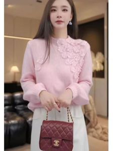 WANGGONGZHU | Princess Style Knitted Base Shirt Womens Round Neck 3D Flower Design Casual Sweater Autumn Winter New Fashion Sweet Leisure